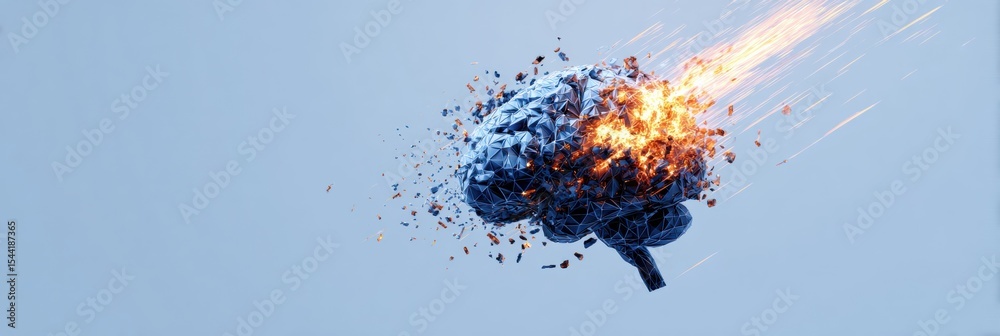 Aufkleber digital brain in cyber blue background ignites and burns like a fuse, representing intense cognitive