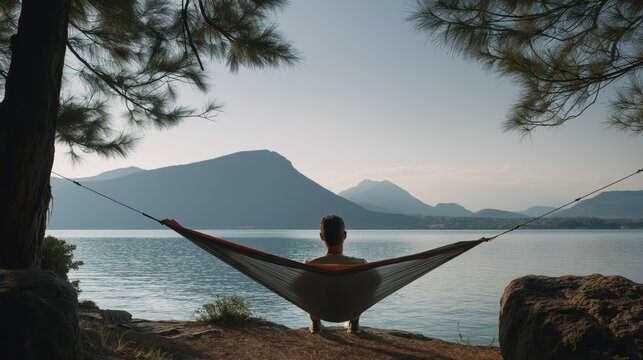 Scenic Lakeside Camping with Man Resting in Hammock Facing Calm Mountain View and Open Sky for Quotes