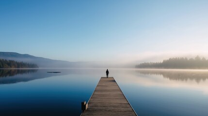 Fototapeta premium Tranquil Scene of Person on Dock at Quiet Mountain Lake with Misty Background and Reflective Water