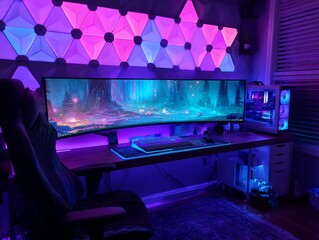 uxury Desk Space: Interior Background with RGB Gaming PC"

"Creative Zone: Interior Design Featuring Ultra-Slim Computer Setup"

"Digital Living: Cozy Interior with Stylish Workstation Design"