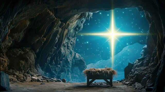 Nativity scene in cave with manger and bright star, dramatic lighting