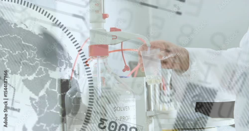 Poster lab scientist lifting test tube and activating liquid flow for monitoring volume with data overlays