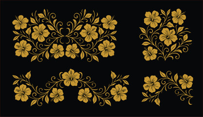 Vintage hibiscus corner element seamless pattern with golden botanical line art, suitable for fashion design, decoration, fabric, wallpaper, and printing on soft beige background