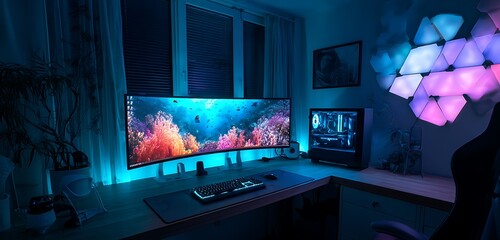 uxury Desk Space: Interior Background with RGB Gaming PC"

"Creative Zone: Interior Design Featuring Ultra-Slim Computer Setup"

"Digital Living: Cozy Interior with Stylish Workstation Design"