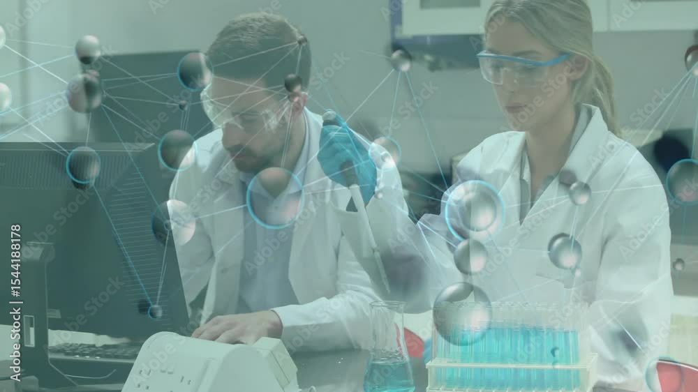 Poster researchers inputting data and pipetting samples with molecular graphics showing network analysis