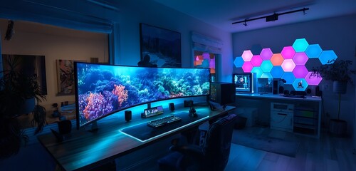 uxury Desk Space: Interior Background with RGB Gaming PC"

"Creative Zone: Interior Design Featuring Ultra-Slim Computer Setup"

"Digital Living: Cozy Interior with Stylish Workstation Design"