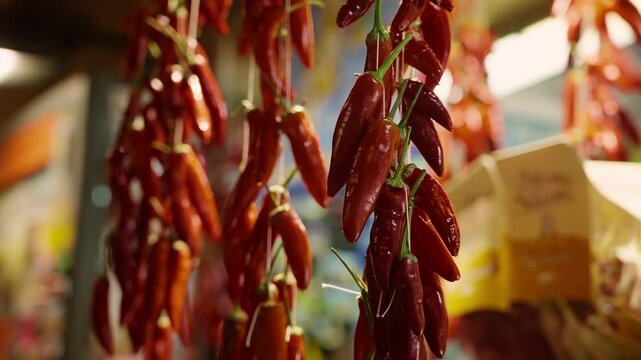 Strings of red hot chili peppers hanging and drying in an italian market in Tropea