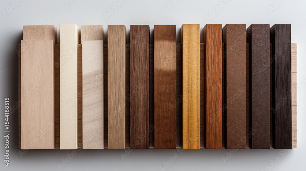 Poster Flatlay of color scale legend featuring neatly arranged wooden samples in various shades from light to dark, showcasing range of wood textures and finishes