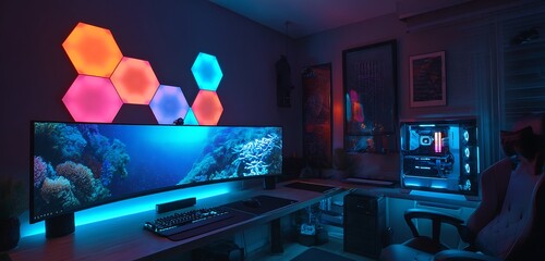 uxury Desk Space: Interior Background with RGB Gaming PC"

"Creative Zone: Interior Design Featuring Ultra-Slim Computer Setup"

"Digital Living: Cozy Interior with Stylish Workstation Design"