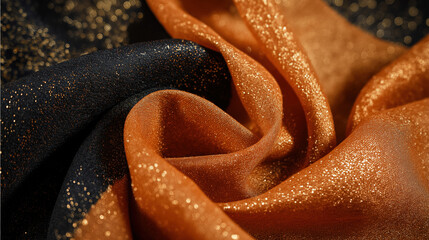 Luxurious black and vibrant orange fabric with shimmering glitter creates elegant and sophisticated texture. rich colors and sparkling details evoke sense of opulence and style