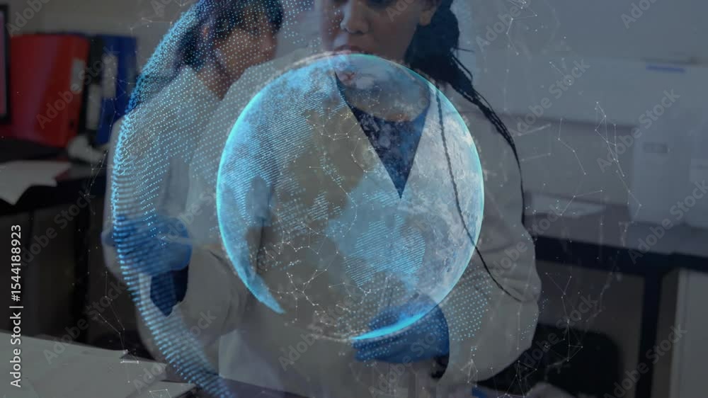 Poster globe rotating while scientist in lab using tweezers removing sample transferring specimen logging