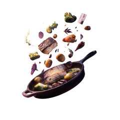  Cast Iron Pan with Ingredients Inside and Around on Transparent Background