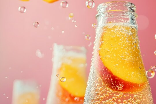 Refreshing sparkling drink with peach colorful background beverage photography vibrant setting