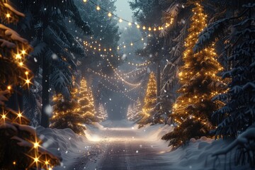 High Definition Visual of Forest Road with Christmas Lights in Winter