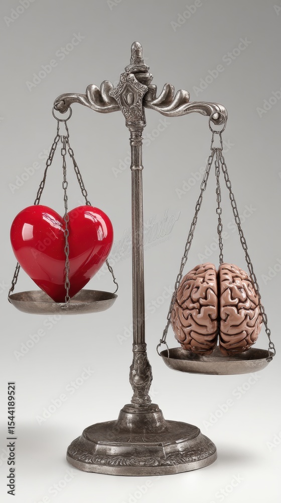 Aufkleber Balance Scale Illustrating the Conflict Between Emotion and Logic With Heart on One Side and Brain on the Other
