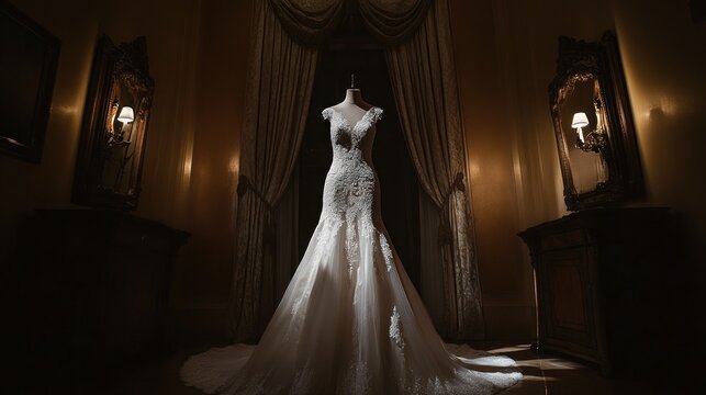 Elegant Wedding Dress Displayed in Classic Interior Setting for Bridal Elegance - Powered by Adobe