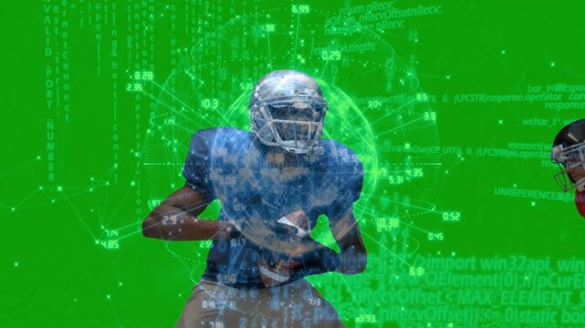 Football quarterback scanning defender adjusting grip upon globe data materializing for pass prep
