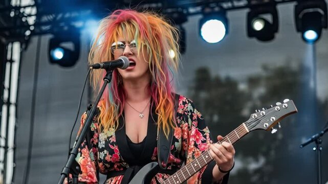 Powerful female vocalist rocks the stage guitar in hand electrifying performance unforgettable energy