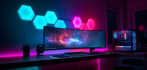 uxury Desk Space: Interior Background with RGB Gaming PC"

"Creative Zone: Interior Design Featuring Ultra-Slim Computer Setup"

"Digital Living: Cozy Interior with Stylish Workstation Design"