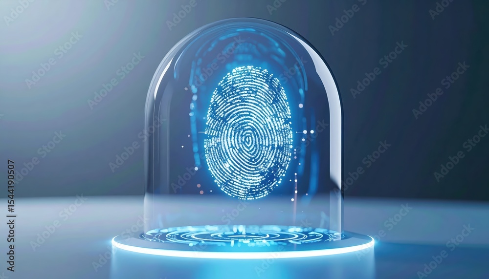 Poster futuristic digital fingerprint scanner with holographic interface for biometric security and identit