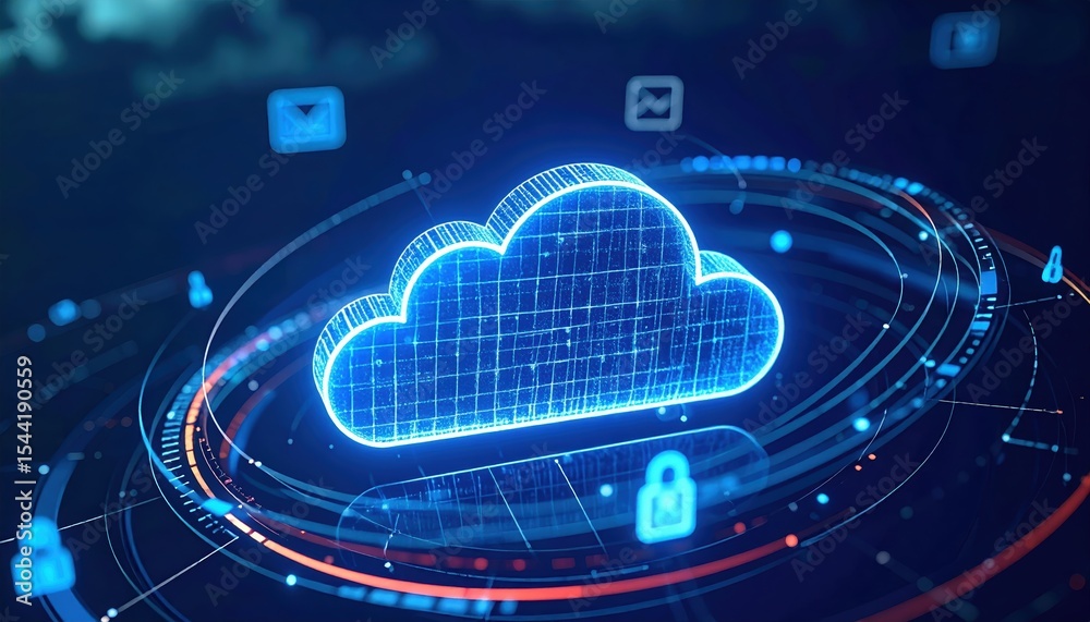 Poster digital cloud computing illustration with data security icons and network connections for technology