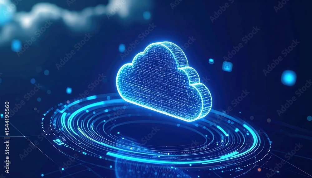Poster digital cloud technology concept with glowing cloud icon and data visualization elements representin