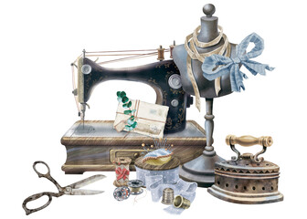 Vintage sewing machine, dressmaker bust, smoothing iron and tailoring supplies. Realistic watercolor painting isolated on white background. For haberdashery, master class, sewing blog, website design.