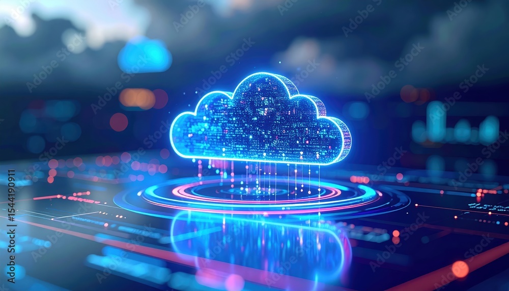 Poster bright glowing digital cloud icon representing cloud computing technology with data streaming visual