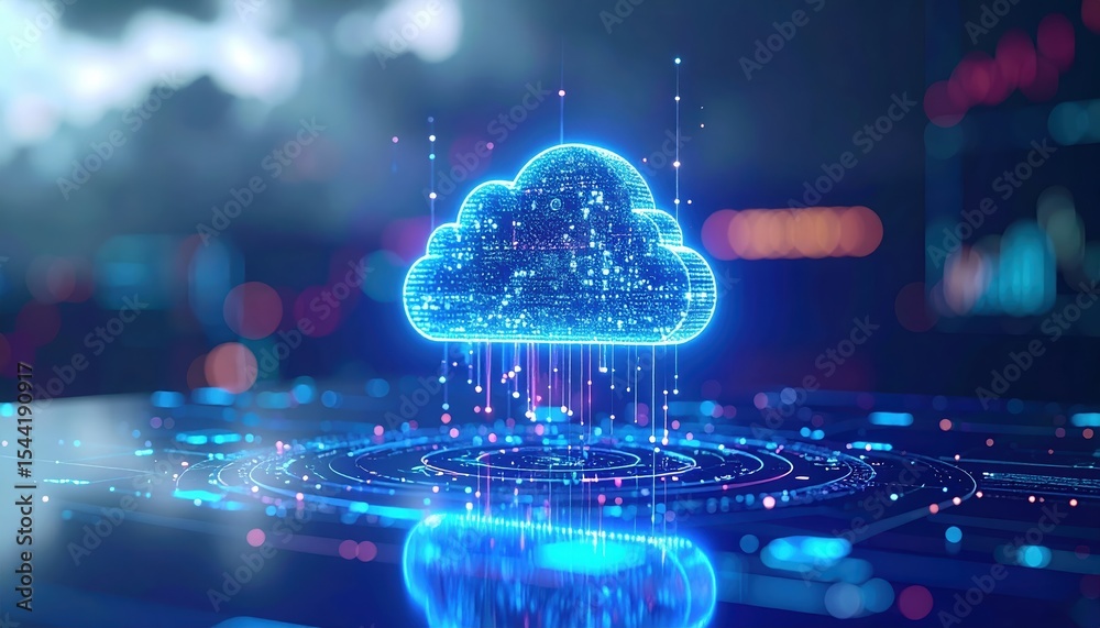 Poster high tech cloud computing icon with digital data visuals for cloud storage and data technology conce