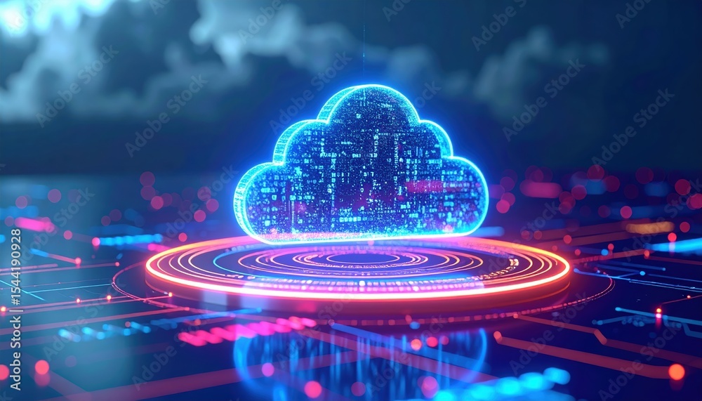 Poster digital cloud computing icon with data connection and high technology network visualization in futur