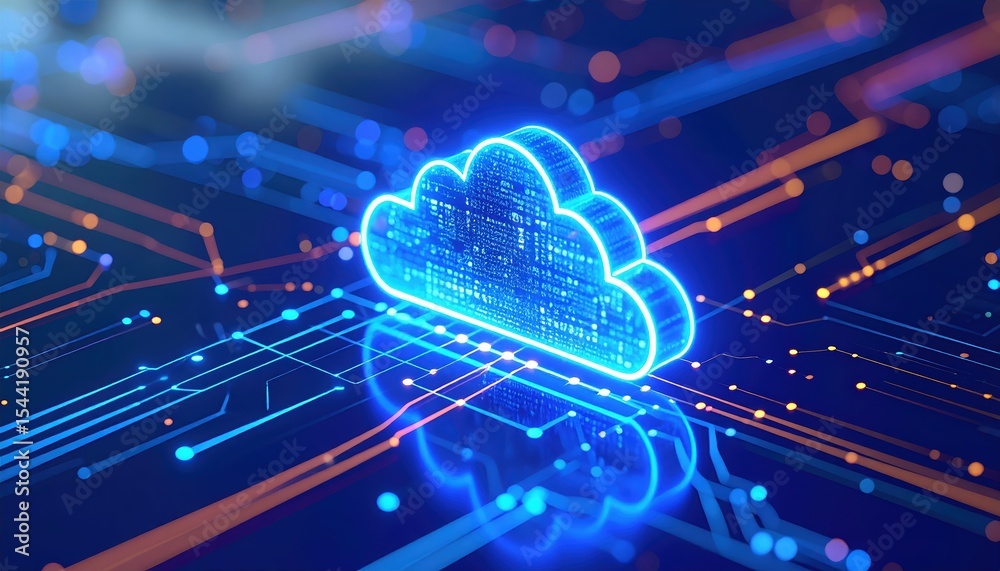 Poster futuristic glowing cloud icon representing cloud computing technology with digital data connections 