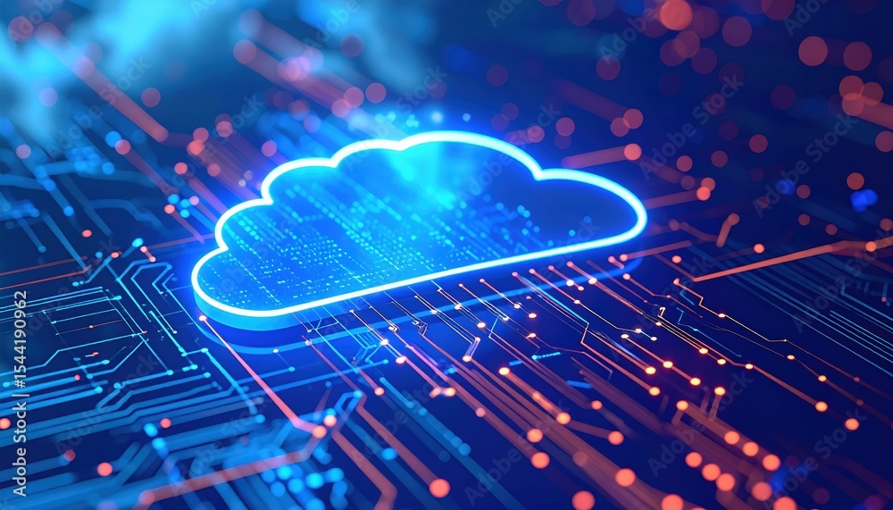 Poster modern digital cloud computing icon with glowing neon outline connected to circuit lines representin