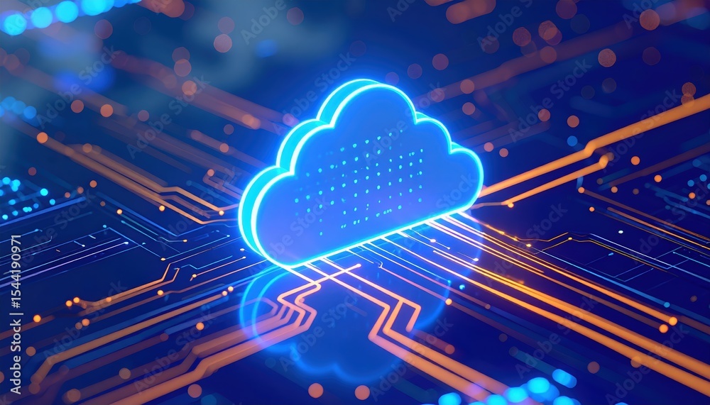 Poster digital cloud computing technology concept with glowing cloud icon and data transfer lines for cloud