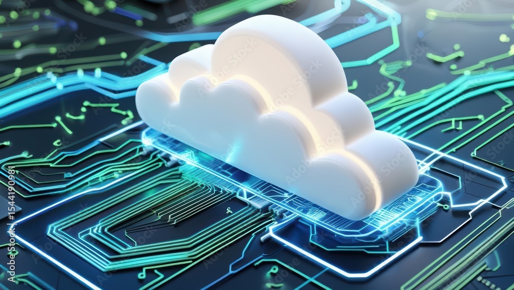 Poster cloud computing technology concept with a digital cloud icon on a circuit board background showcasin