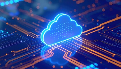 Digital cloud computing technology concept with glowing cloud icon and data transfer lines for cloud storage and internet data synchronization