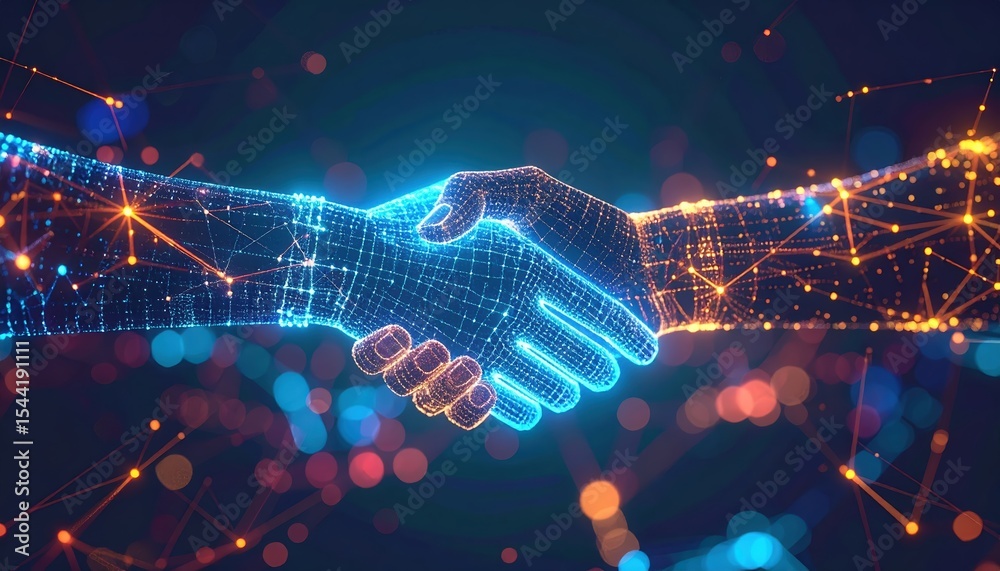 Poster digital handshake representing technology collaboration and networking with glowing futuristic wiref