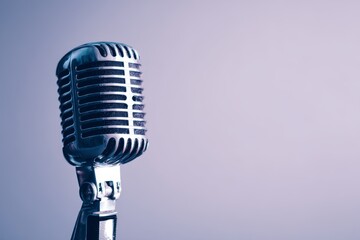 Fototapeta premium Vintage Microphone for Podcast & Video Marketing on White Background with Purple-Blue-Silver Color Scheme and Soft Shadow