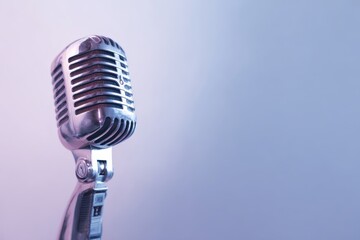 Vintage Microphone for Podcast & Video Marketing on White Background with Purple-Blue-Silver Color Scheme and Soft Shadow