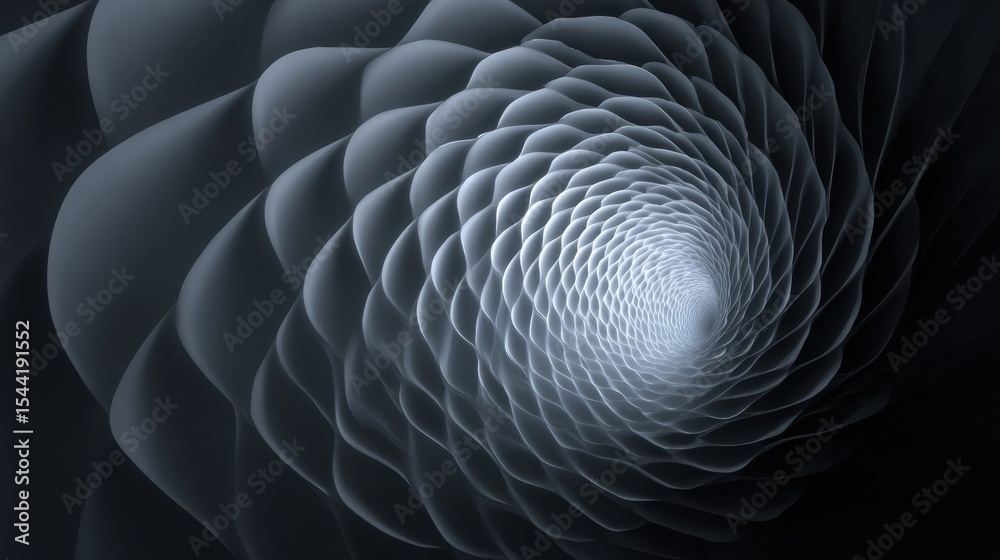 Poster Swirling Spiral Design in Grey Gradient Showcasing an Abstract Form Closing Inward in a Mesmerizing Pattern
