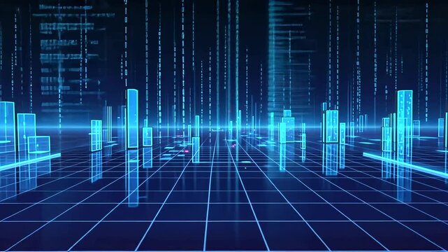 Futuristic digital landscape with glowing blue data structures and binary code in the background