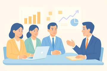 Group of business people having a formal meeting with charts and laptop. Flat design, clean and simple style, perfect for teamwork, startup, office strategy, and business concept.
