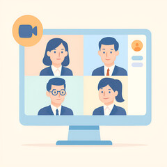 Fototapeta premium Professional business team in virtual video conference, wearing formal attire. Flat style, soft bright colors, ideal for startup, remote work, or business concept illustration.