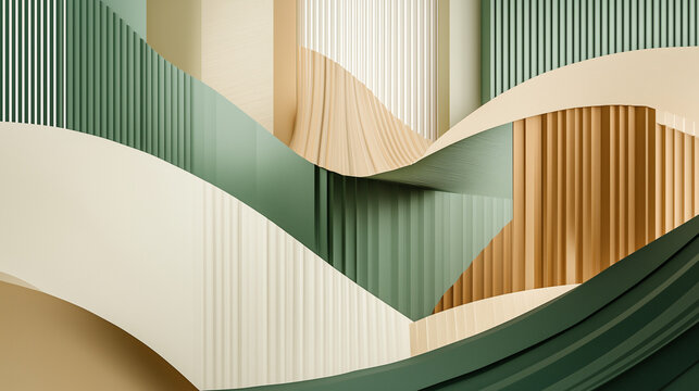Abstract 3D design with green gradient panels and fluted patterns 