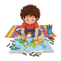 Child Creating World Map with Crayons