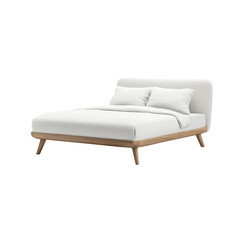 Obraz premium Modern white bed with fabric upholstery and wooden legs in a realistic 3D render