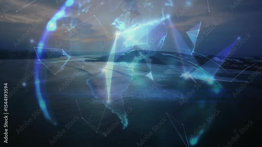 Poster pulsing flare causing polygons morphing into 3d globe rotating over coast showing data connections