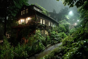 Cozy House at Night in Rain A Tranquil scene with lush greenery and lights.