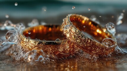 Golden vow Wedding rings sparkle in ocean spray with eternal seaside love.