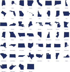 Silhouettes of all U.S. states arranged in a grid. High-quality vector illustration showing the shape outlines of each American state, ideal for educational, infographic, or design use.