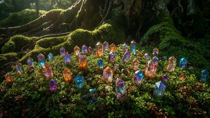 Enchanted Forest Floor with Colorful Crystals